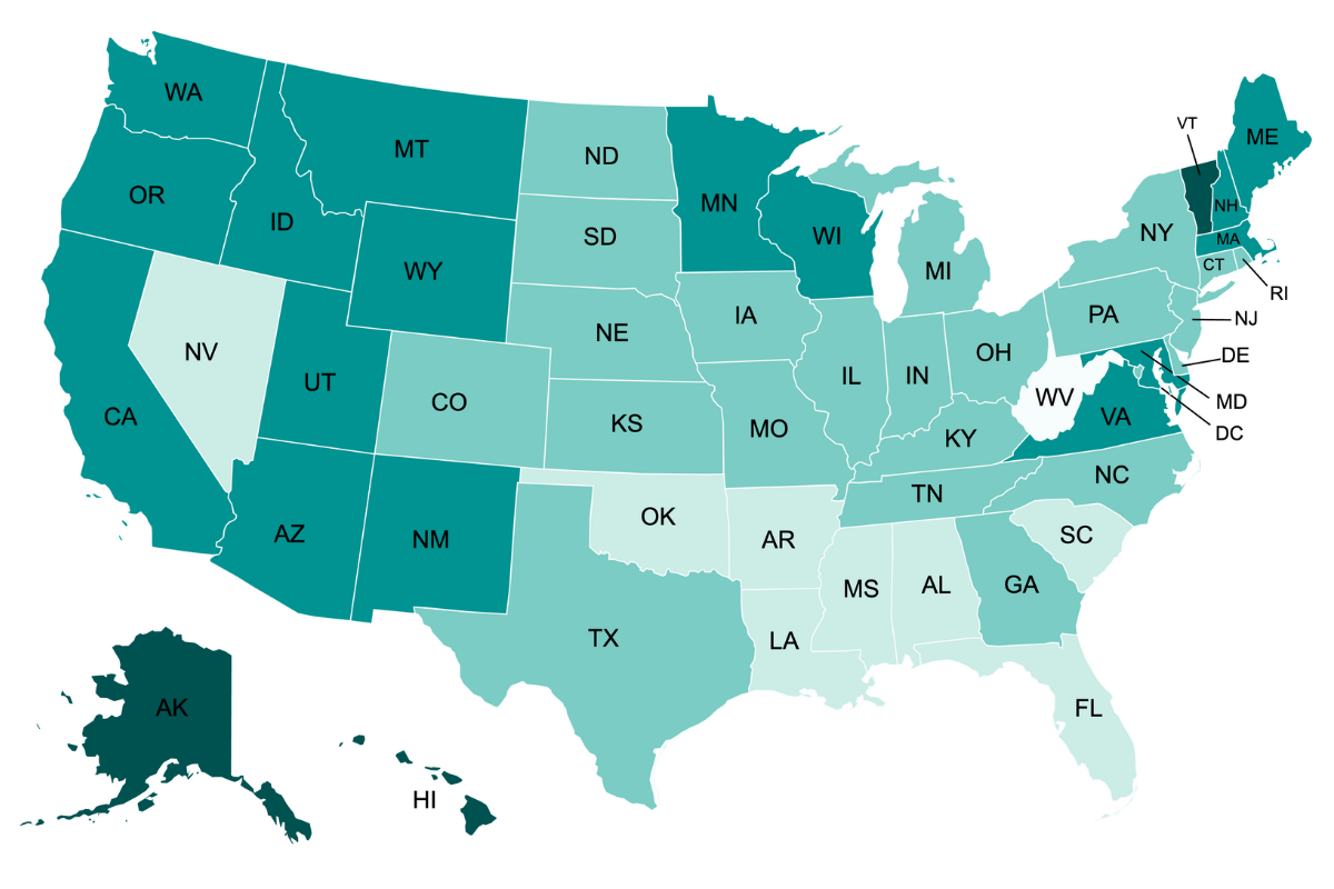 Map of the US color coded according to breastfeeding rates.